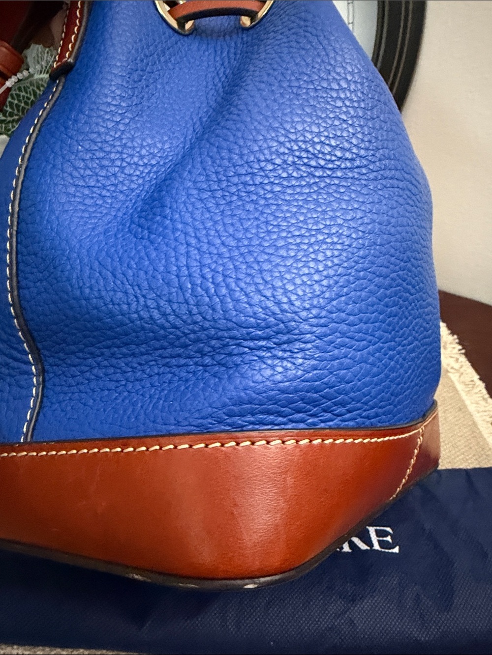 Dooney & Bourke Blue Leather Drawstring Bucket Bag with Brown Trim and Tassels - Picture 6 of 16